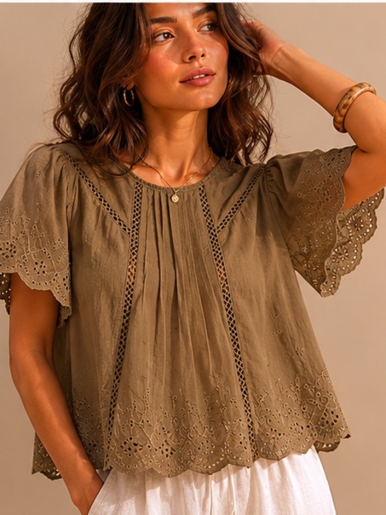 Evereve Tops - Evereve Olive Eyelet Embroidered Boho Blouse Large